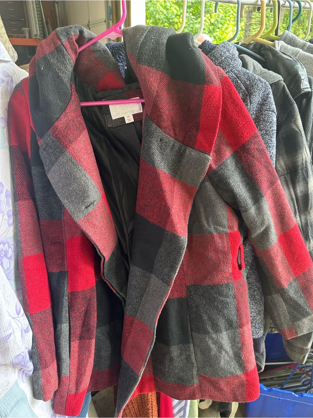 Women's Red & Gray Plaid Open-Front Coat